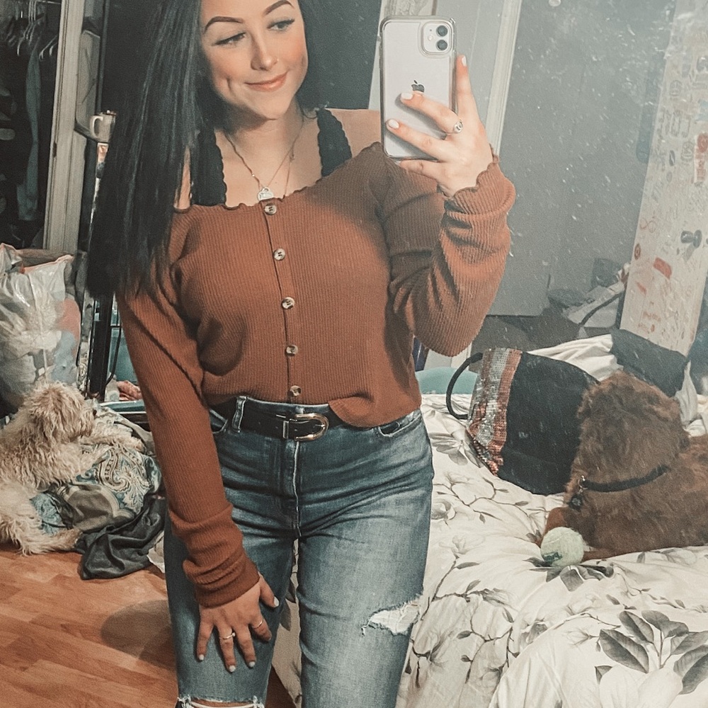 off the shoulder brown shirt